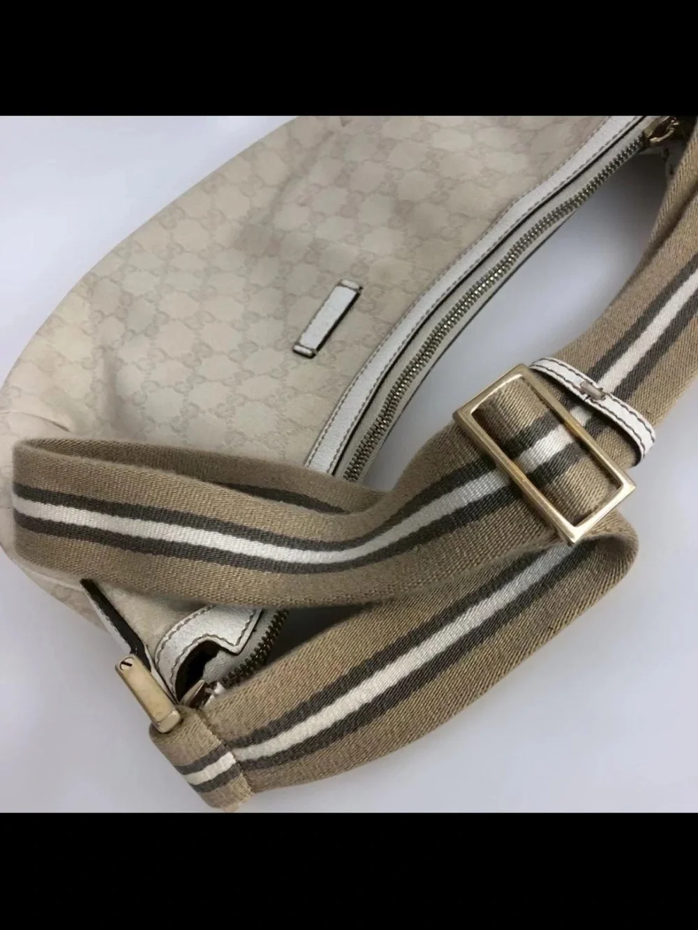 Gucci Beige Monogram Shoulder Bag with Striped Canvas Strap